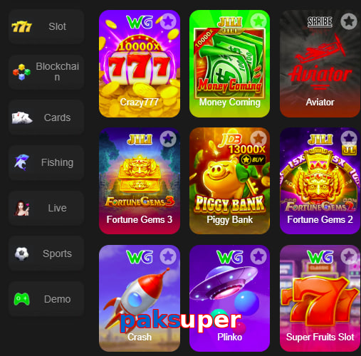 Main screen of Paksuper game page for PK players
